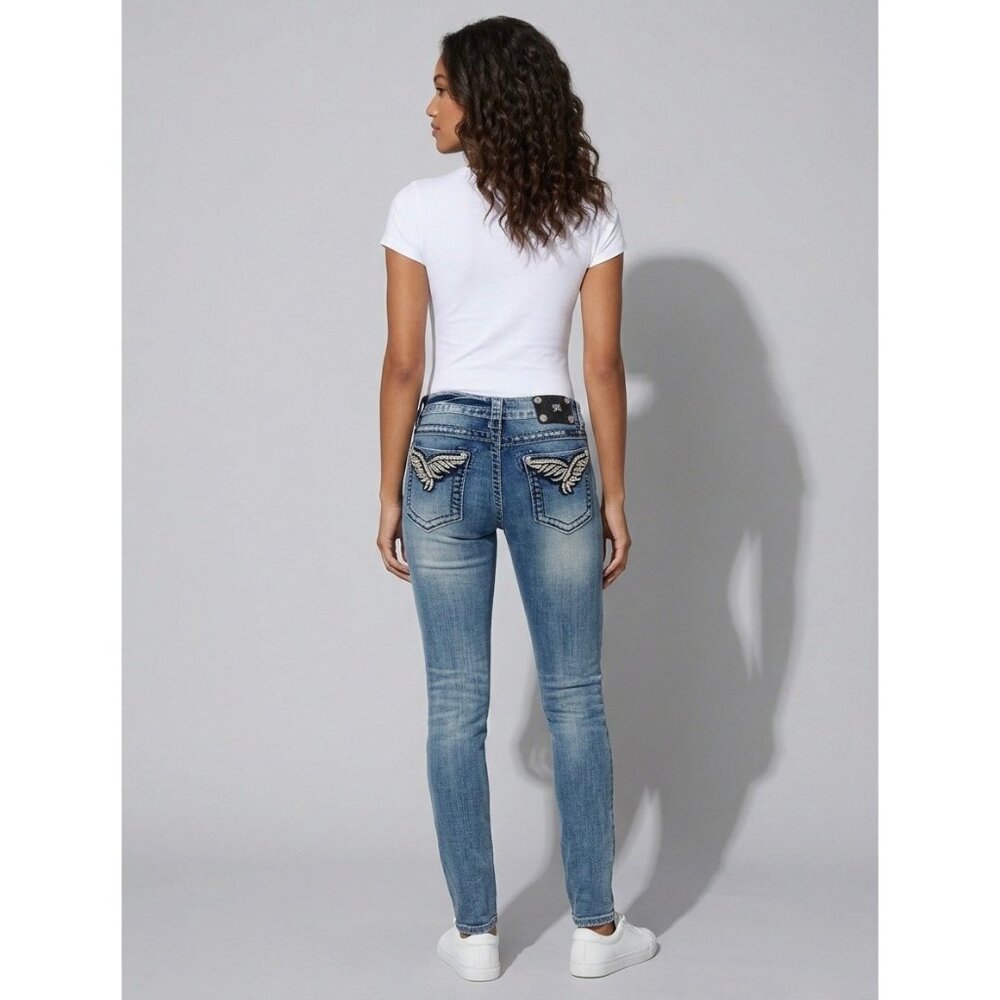 Miss Me Rhinestone Wing Distressed Skinny Jeans | McBling Y2K Early 2010s Tumblr - Picture 15 of 16